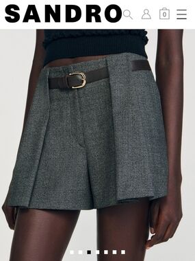 Sandro Charcoal Gray Pleated High-Waist Shorts with Belt